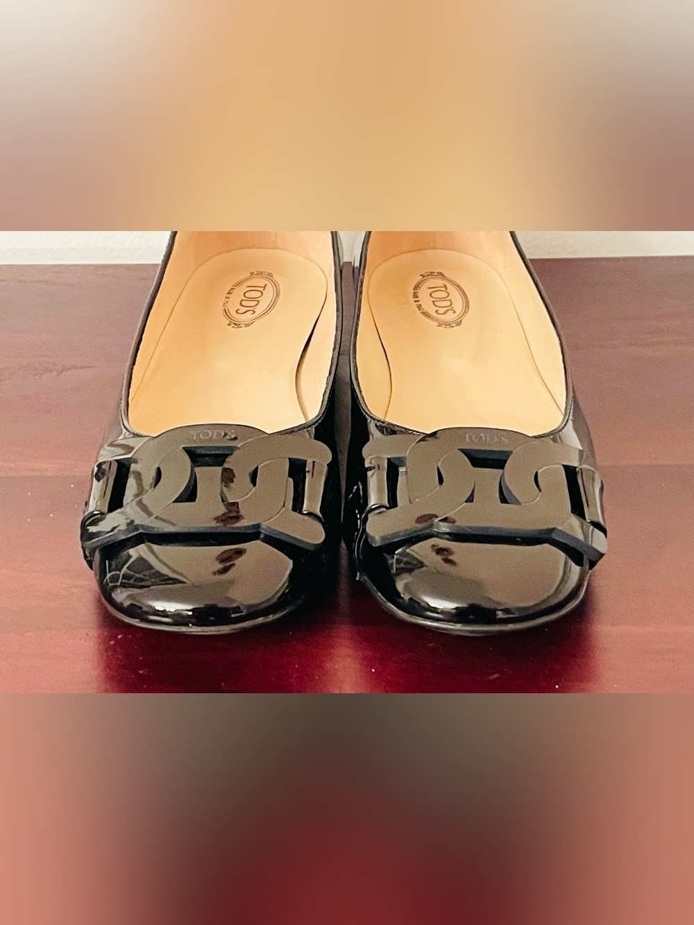TOD’S Black Patent Leather Ballet Flats Double T Logo Italy EU 37 NWOB